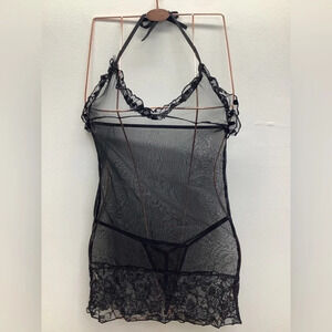 Lingerie Size S/M Black Mesh W/Lace Trim Matching G String. New With Tags.